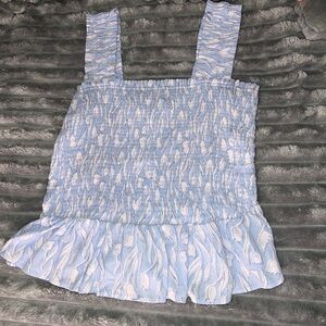 LC Lauren Conrad Light Blue and White Smocked Blouse